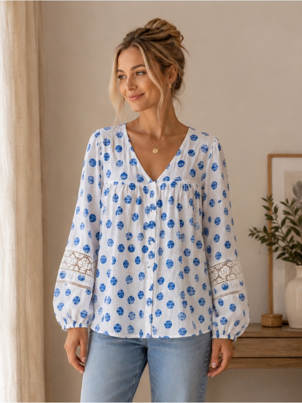 Hope & Harlow Blue Polka Dot Boho Blouse Lace Sleeve Sheer Top L